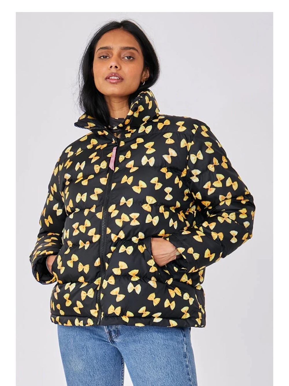 Like New Rachel Antonoff Black Puffer with Yellow Bow-Tie Pasta Print XL